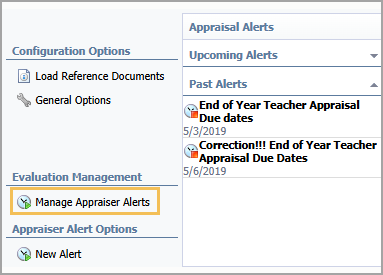 Manage appraiser alerts section with past alerts and due dates displayed.